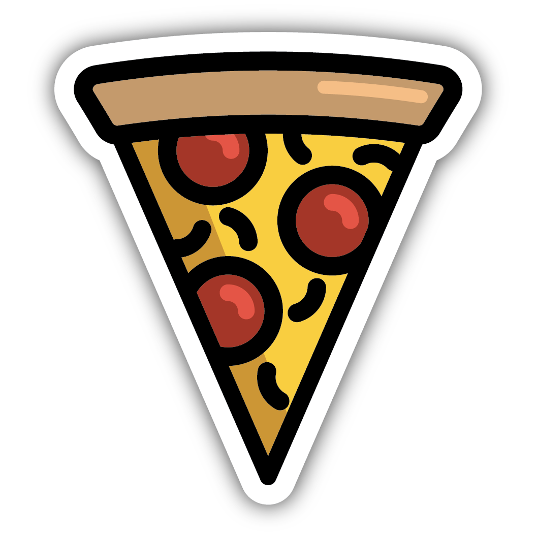 Cartoon-style slice of pizza with pepperoni and black olive toppings in sticker design style