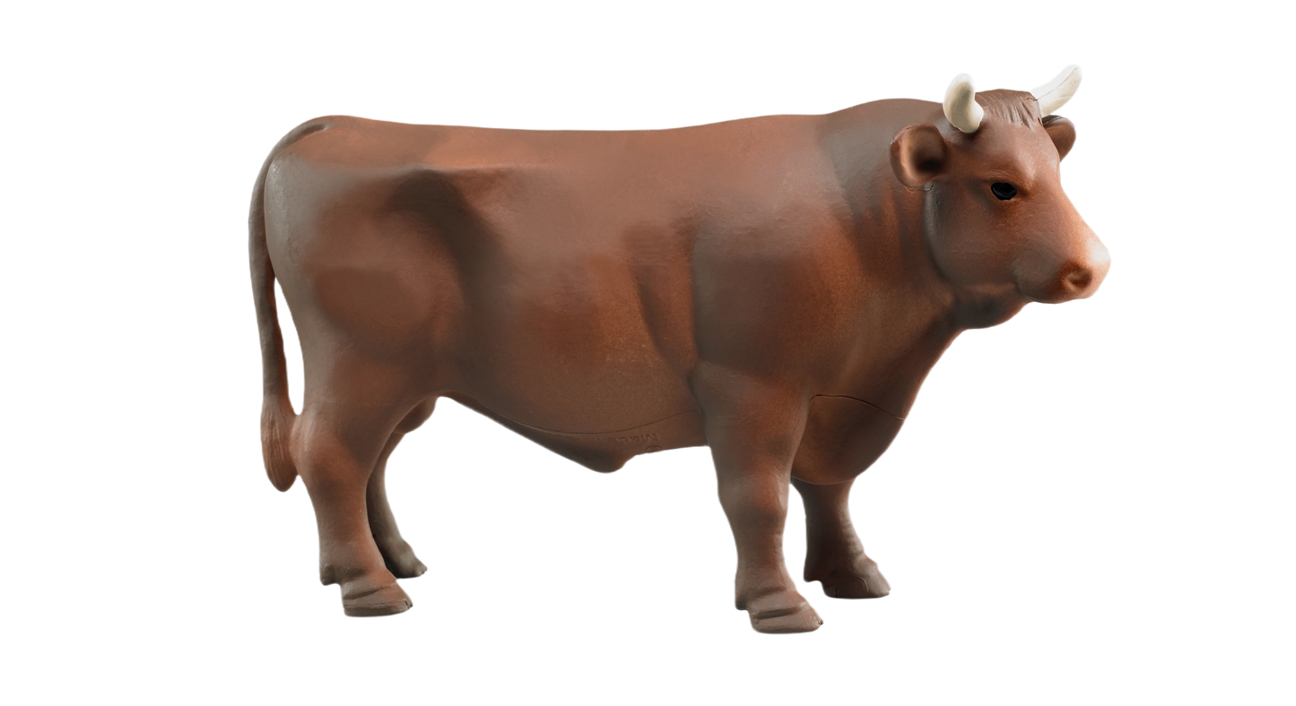 Realistic brown bull figurine with white horns and detailed features for display or collection use