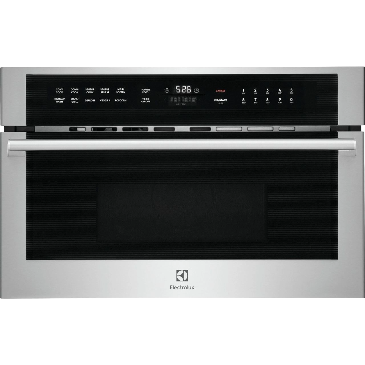 Built-in microwave oven with stainless steel finish, digital touch controls, and drop-down door in kitchen appliance setting
