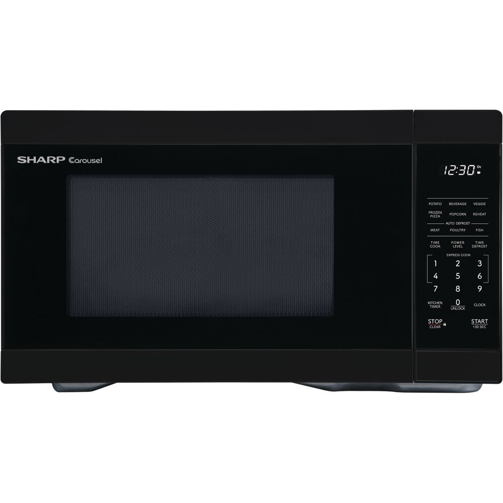 Black countertop microwave oven with digital display and control panel, part of kitchen appliances and microwaves collection