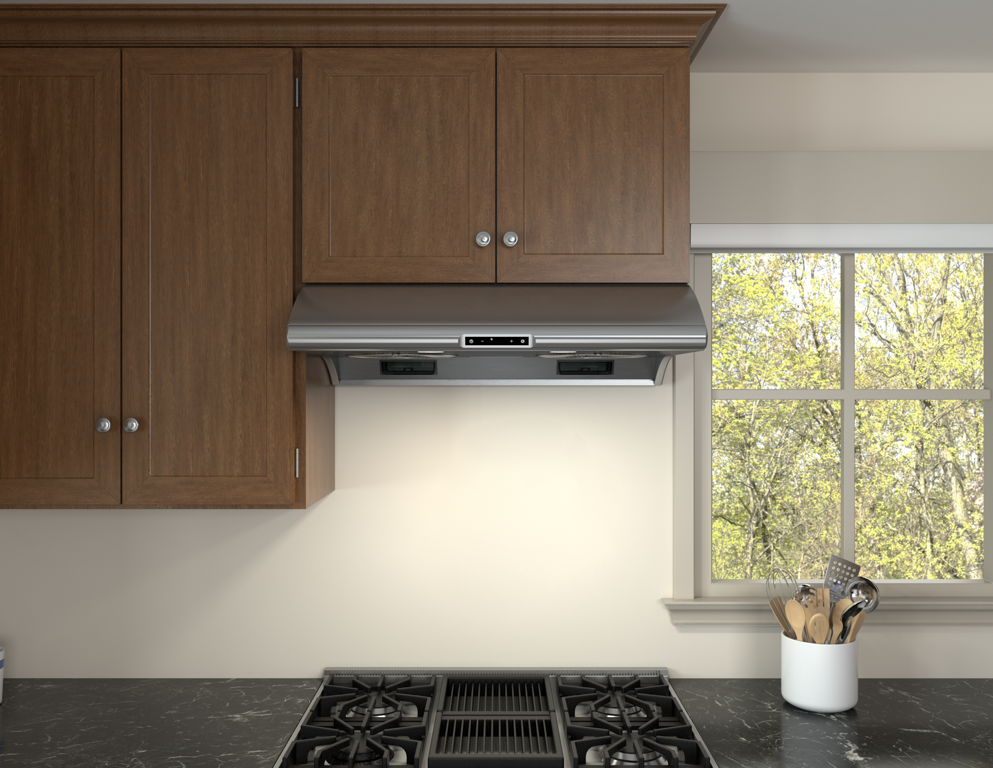 Stainless steel under-cabinet range hood with LED controls installed above a gas stove, set between wooden cabinets in a bright kitchen, part of Range Hoods and Kitchen & Kitchenware collections.