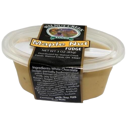 Small container of creamy maple nut fudge with clear lid and label under $25 food and beverage snack