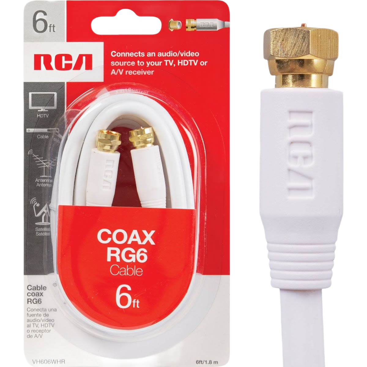 White RG6 coaxial cable with gold-plated connectors for home audio and video equipment connections