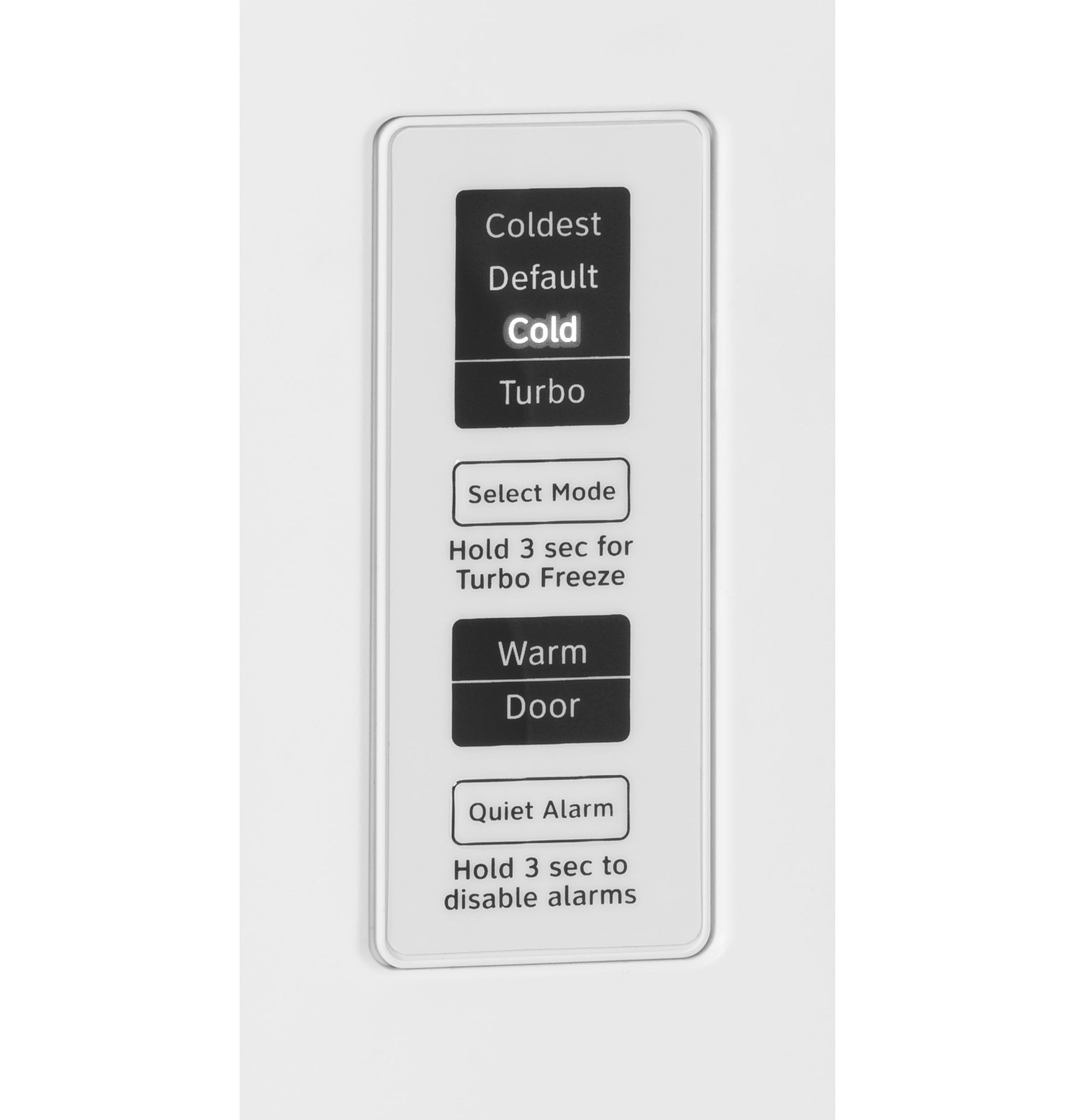 Close-up of control panel on upright freezer showing selectable temperature modes and alarm settings in white background