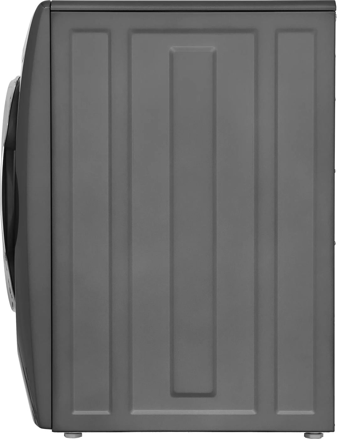 Side view of dark gray front load washer with textured metal panel in front load washers and appliances collection