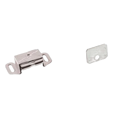 Metallic aluminum magnetic cabinet catch with mounting plates for furniture hardware and home improvement projects