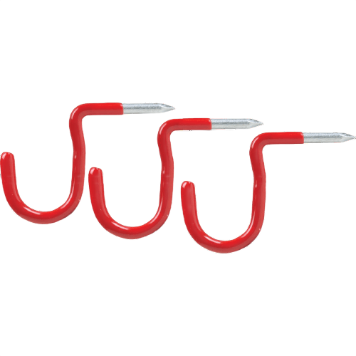 Set of three small 1-inch red vinyl-coated hammer-in hooks for hardware and storage organization under $25 collections