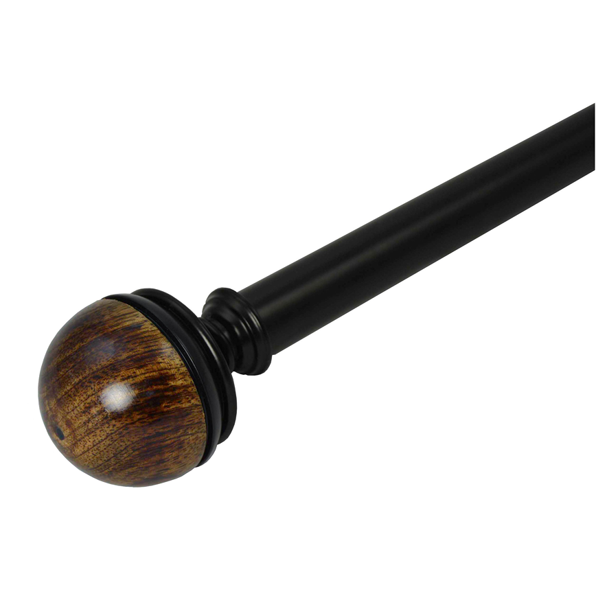 Black steel telescoping curtain rod with polished wood ball finial for window treatments and home decor use