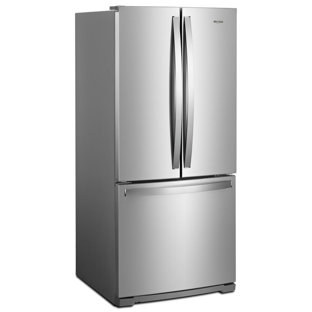 Stainless steel 30-inch wide French door refrigerator with bottom freezer in kitchen and appliances collection