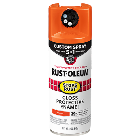 Gloss orange Rust-Oleum enamel spray with 5-in-1 feature for durable protective finish in home improvement collections