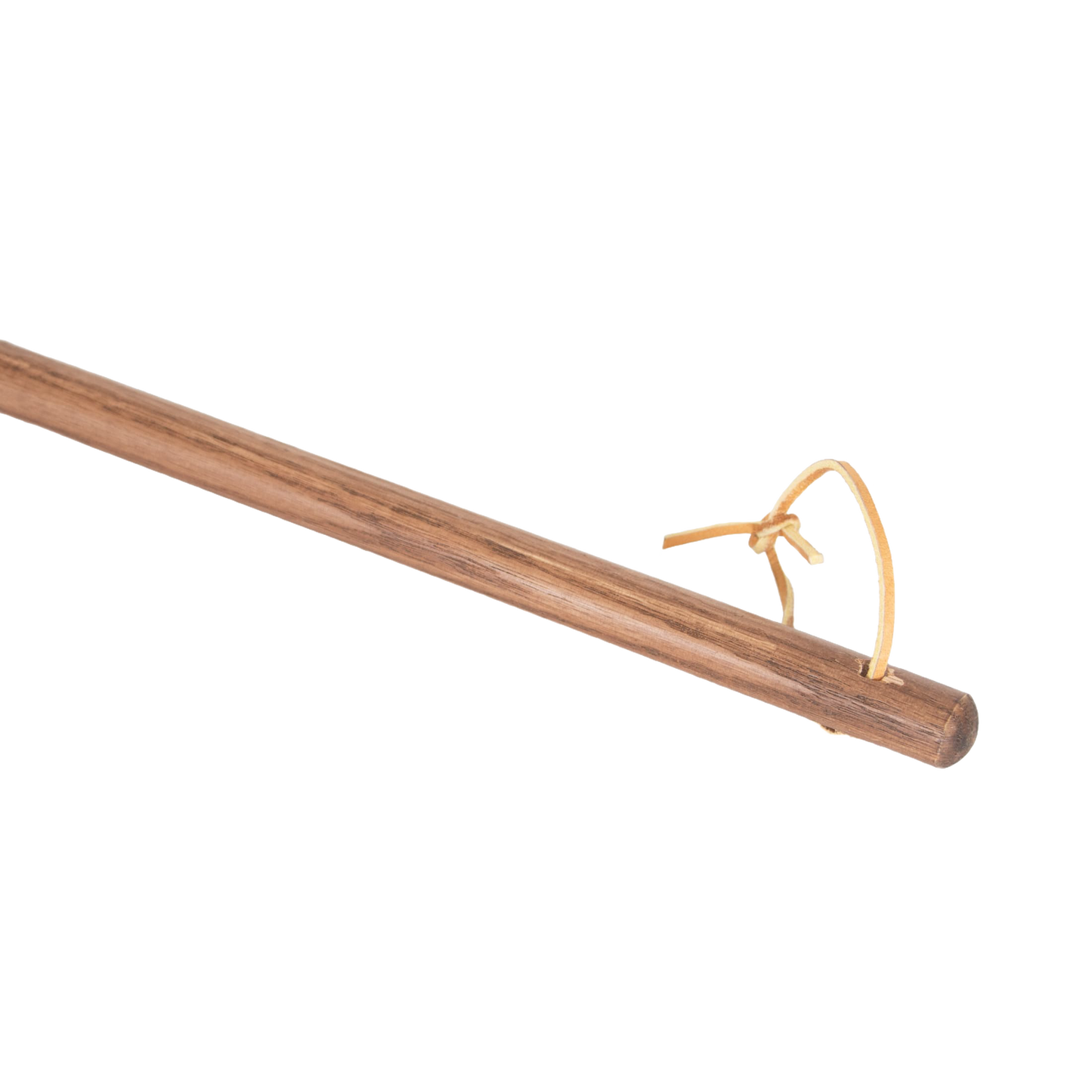 Natural wood handle of a sturdy Amish fireplace broom with hanging loop for storage in cleaning and home improvement tools.