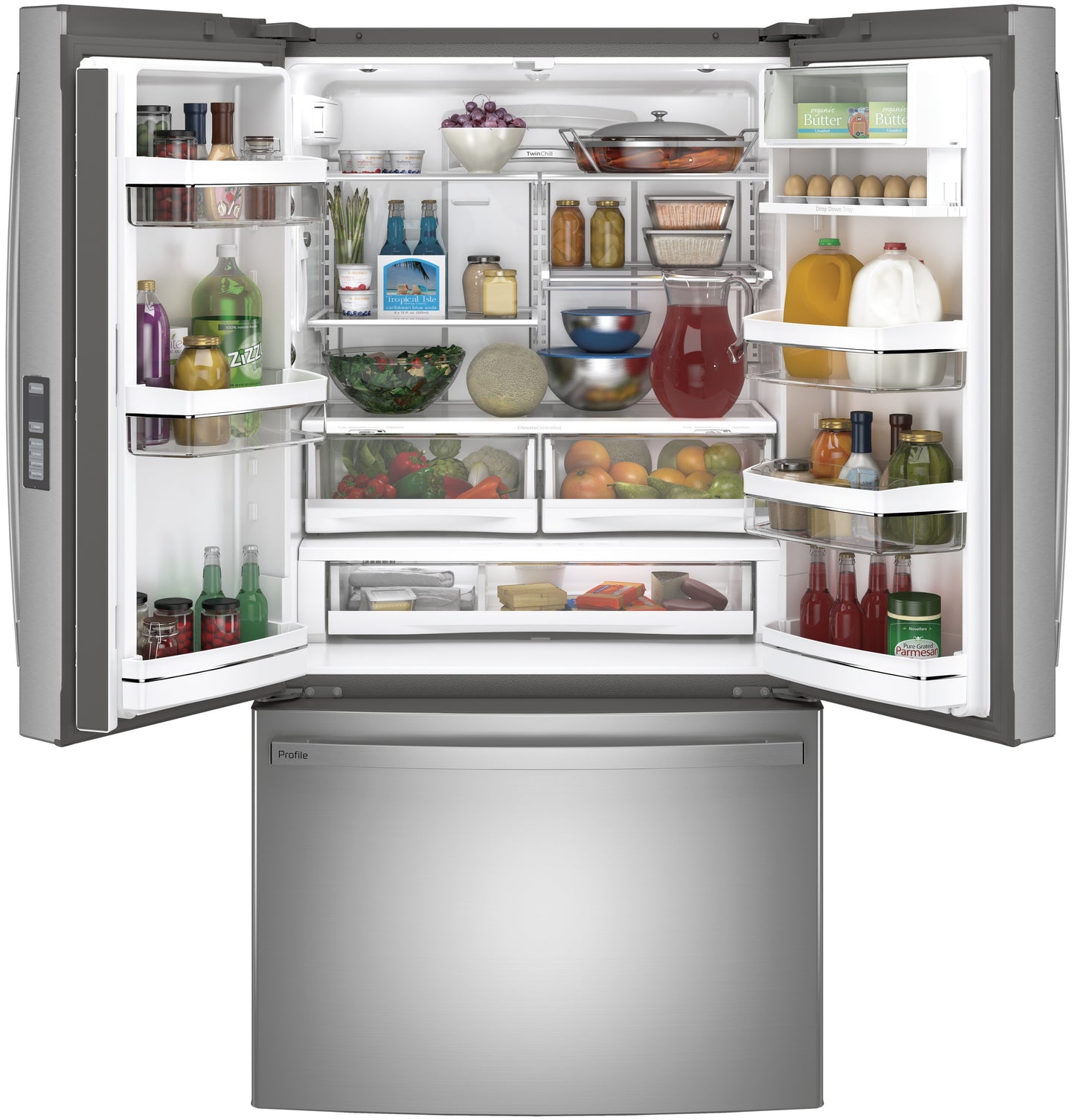 Open stainless steel French-door refrigerator with bottom freezer, fully stocked with food and beverages from Appliances collection
