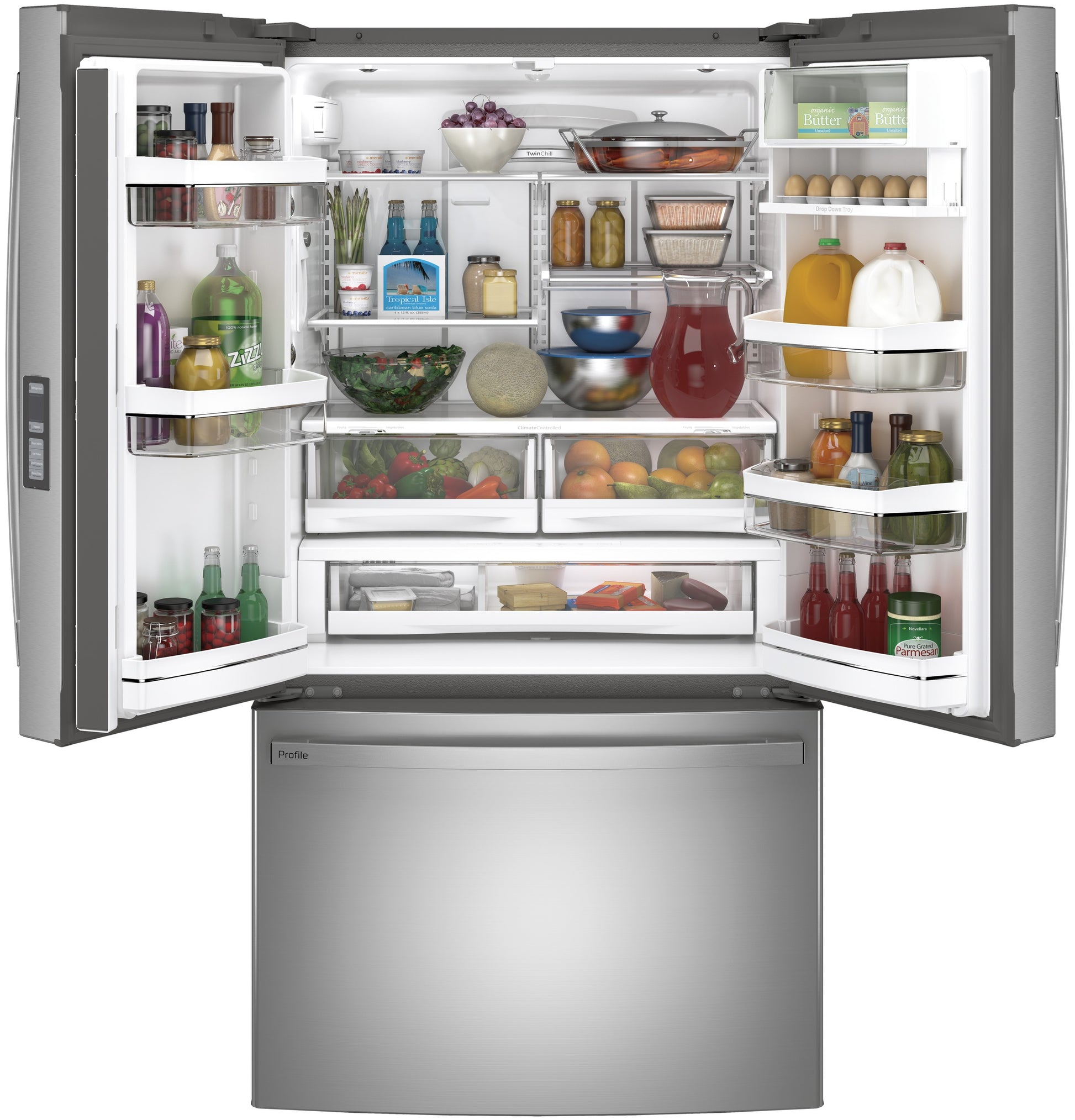 Open stainless steel French-door refrigerator with bottom freezer, fully stocked with food and beverages from Appliances collection