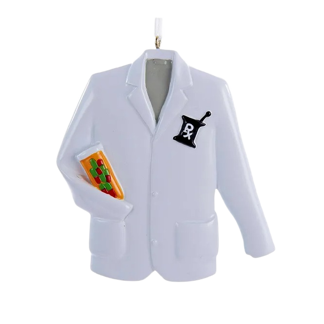 White pharmacist coat Christmas ornament with prescription pill bottle detail for holiday decor under $50 collections