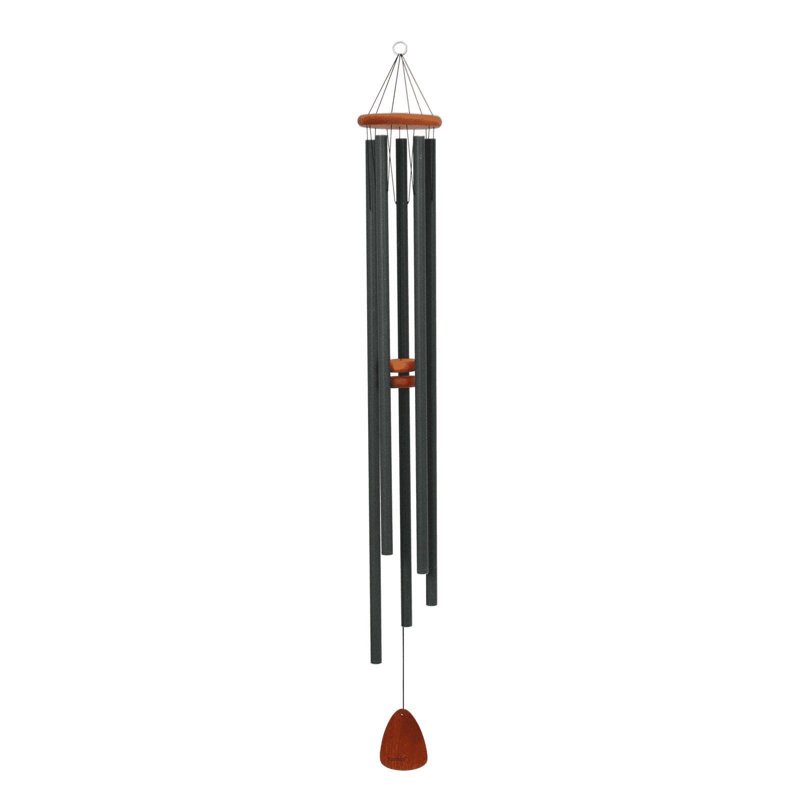 Forest green wind chime with wooden accents and five hollow metal tubes for outdoor home decor and relaxation