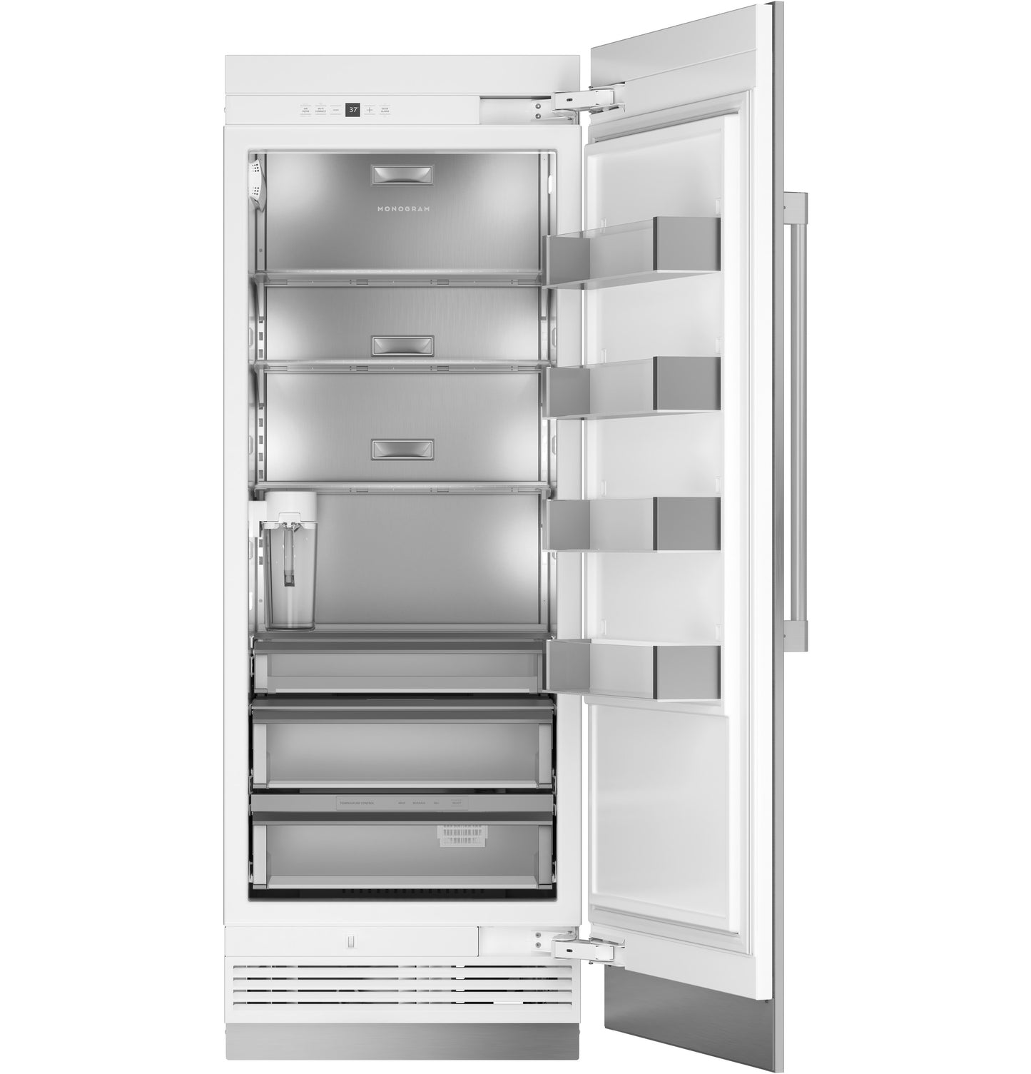 Open panel-ready integrated column refrigerator with adjustable shelves and door bins in kitchens and appliances collection