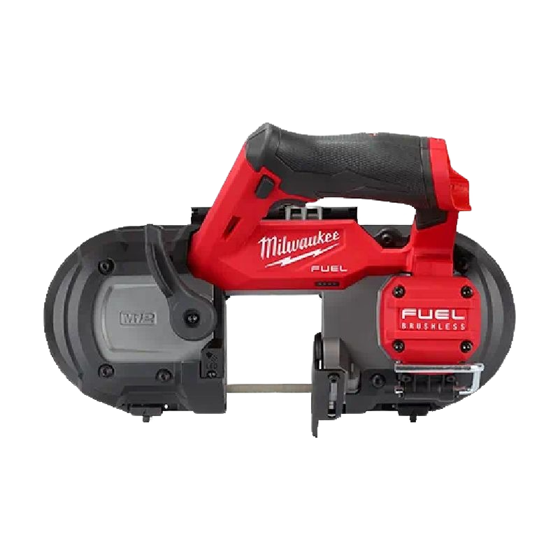 Compact red and gray cordless band saw with brushless motor, designed for power tools and home improvement projects