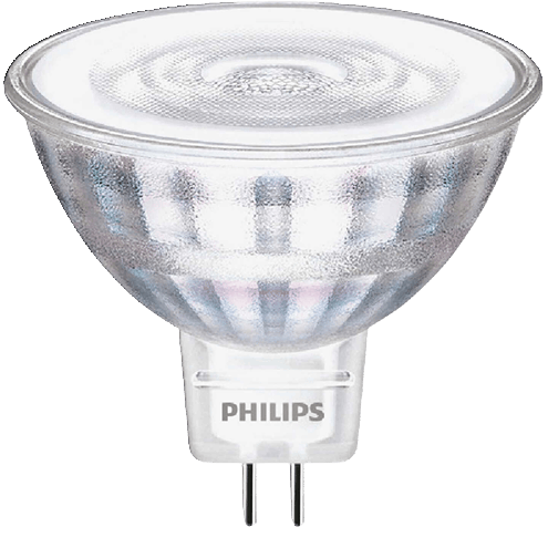 Clear Philips bright white MR16 spotlight bulb with GU5.3 base for energy-efficient home lighting solutions