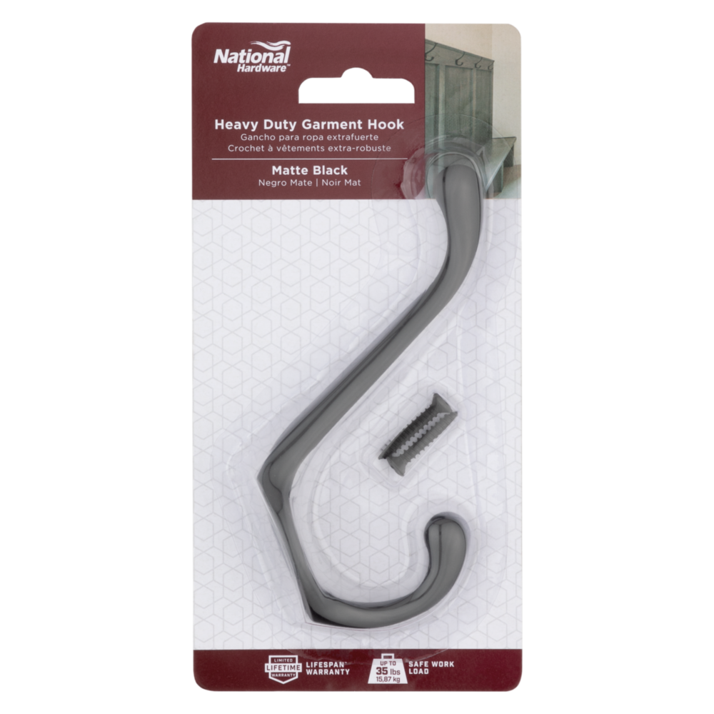 Matte black heavy duty garment hook with screw for closet hardware, storage, and home improvement under $50