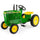 Green and yellow pedal tractor with black steering wheel and large rear rubber tires for children’s outdoor play