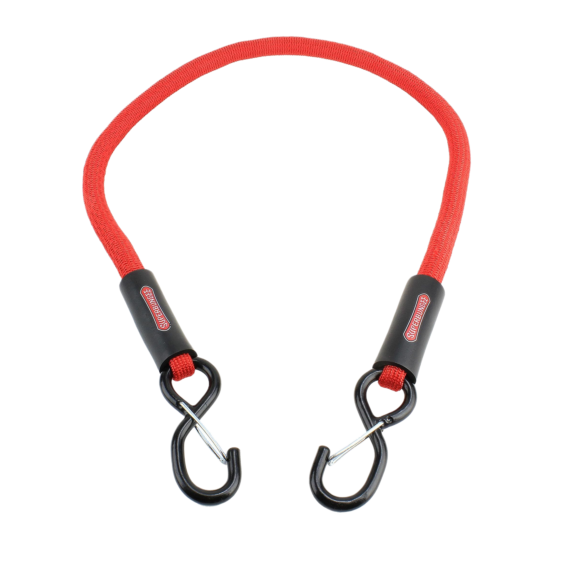 Red elastic cord with reinforced black hooks on both ends for secure fastening in tools and home improvement tasks