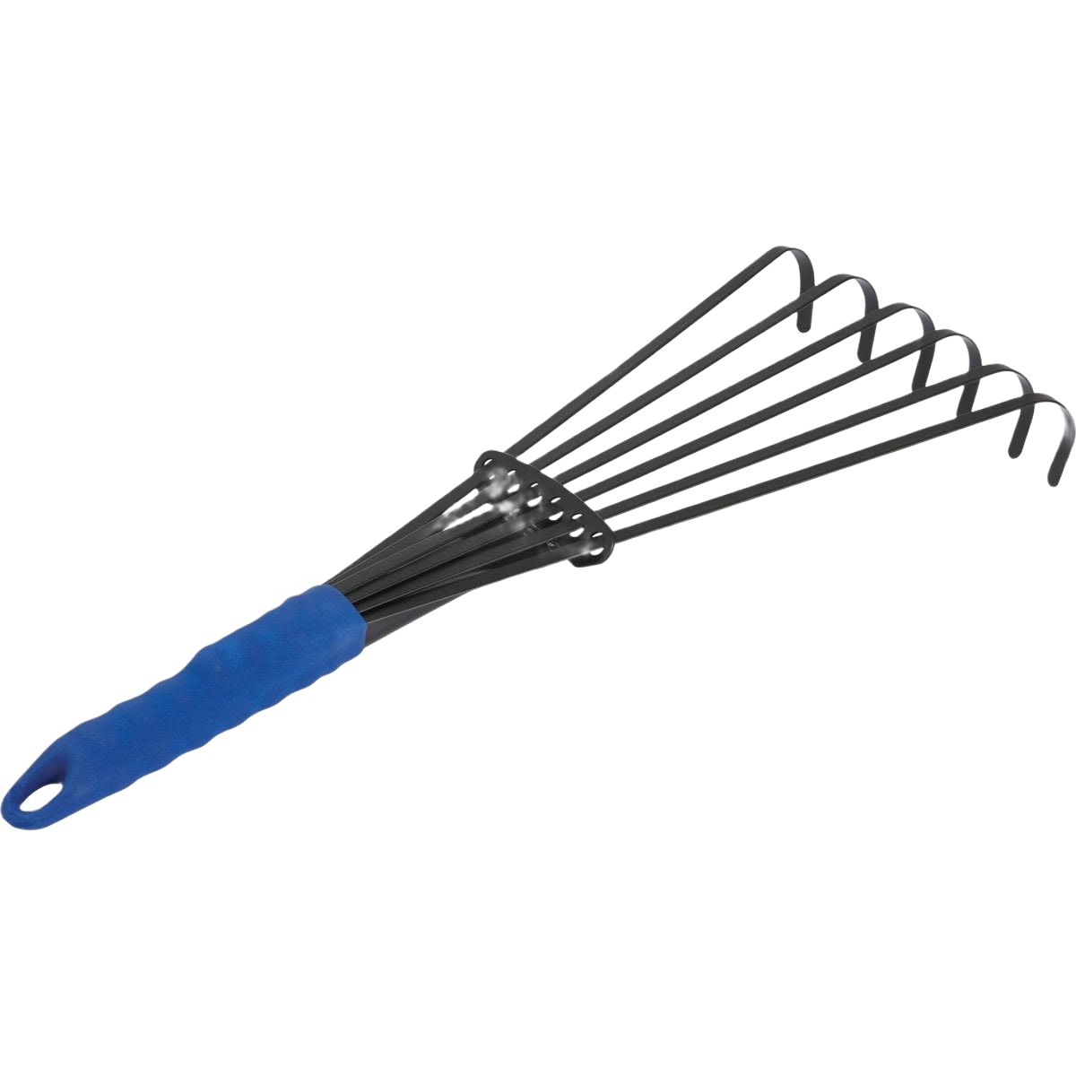Steel fan hand rake with flexible spring tines and blue grip, a gardening tool in lawn and garden collections under $50