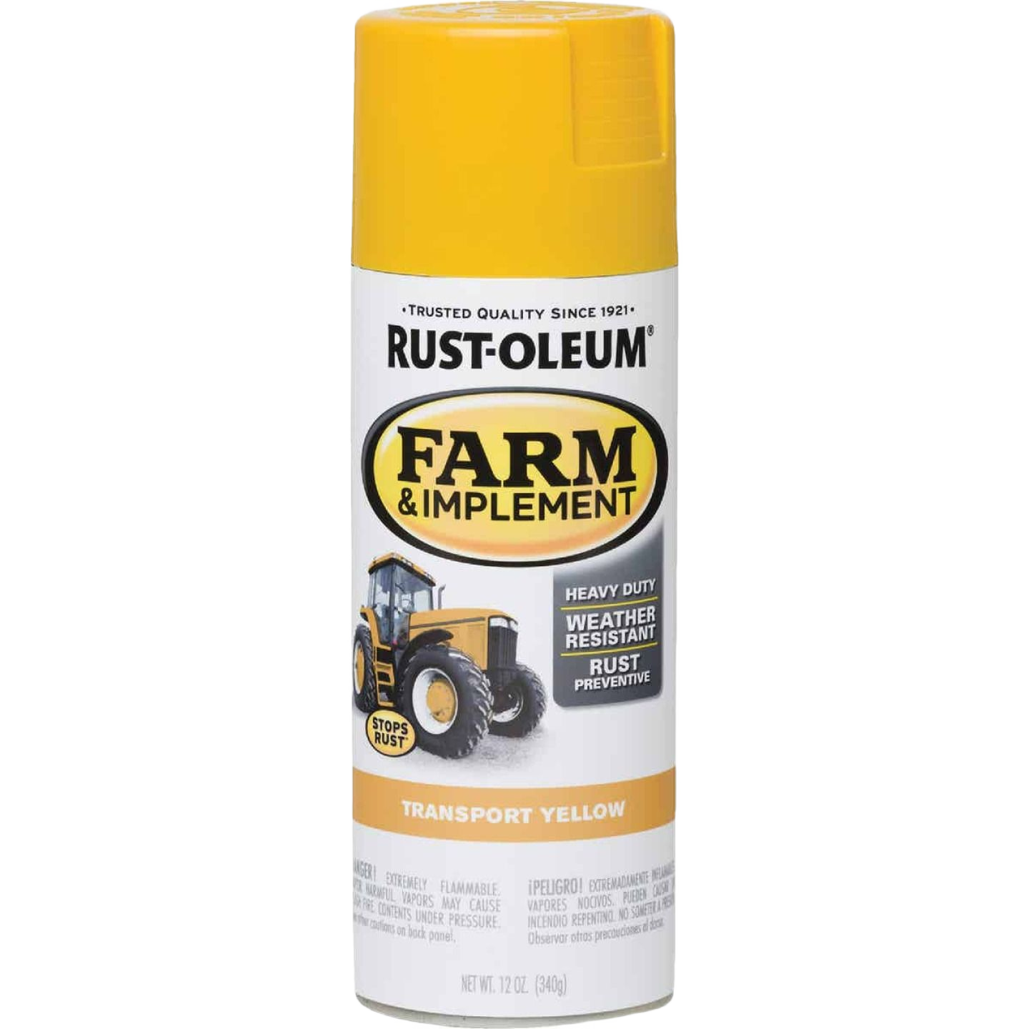 Yellow spray paint can for farm equipment with rust preventive and weather-resistant formula for home improvement tasks