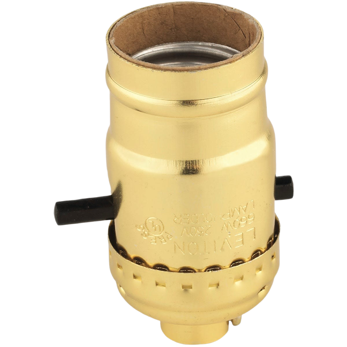 Polished gilt push-thru lamp socket with phenolic interior and side push-buttons for secure lamp installation in lighting parts collections