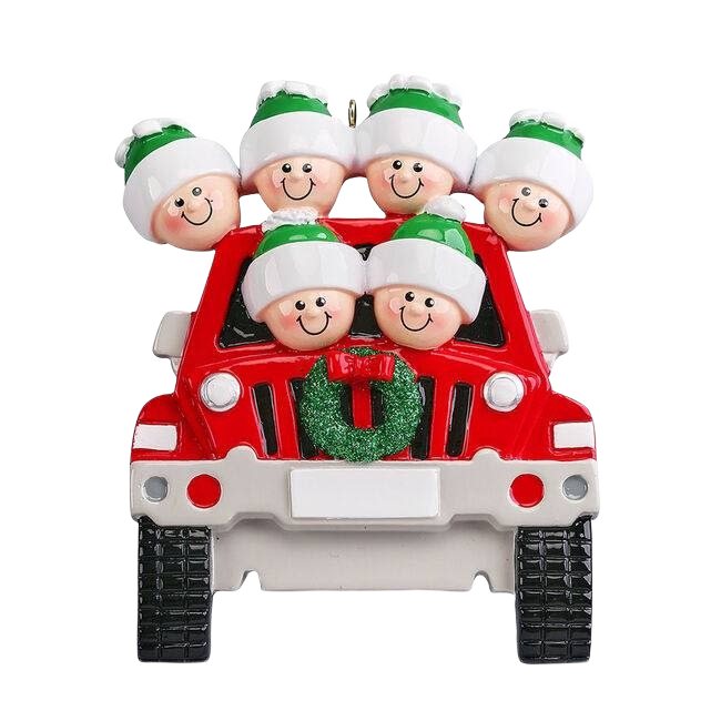 Red SUV ornament with six smiling family figures wearing green and white hats in Christmas Ornaments collection