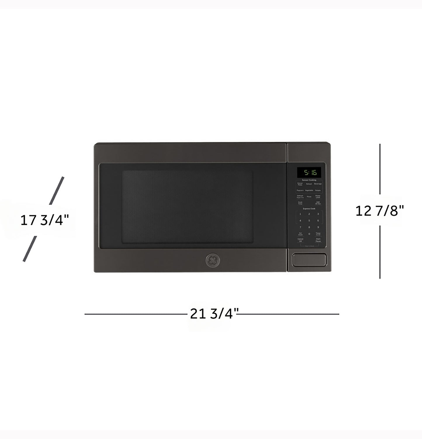 Dark stainless steel countertop microwave oven with digital display and control panel, shown with dimensions for kitchen appliances.
