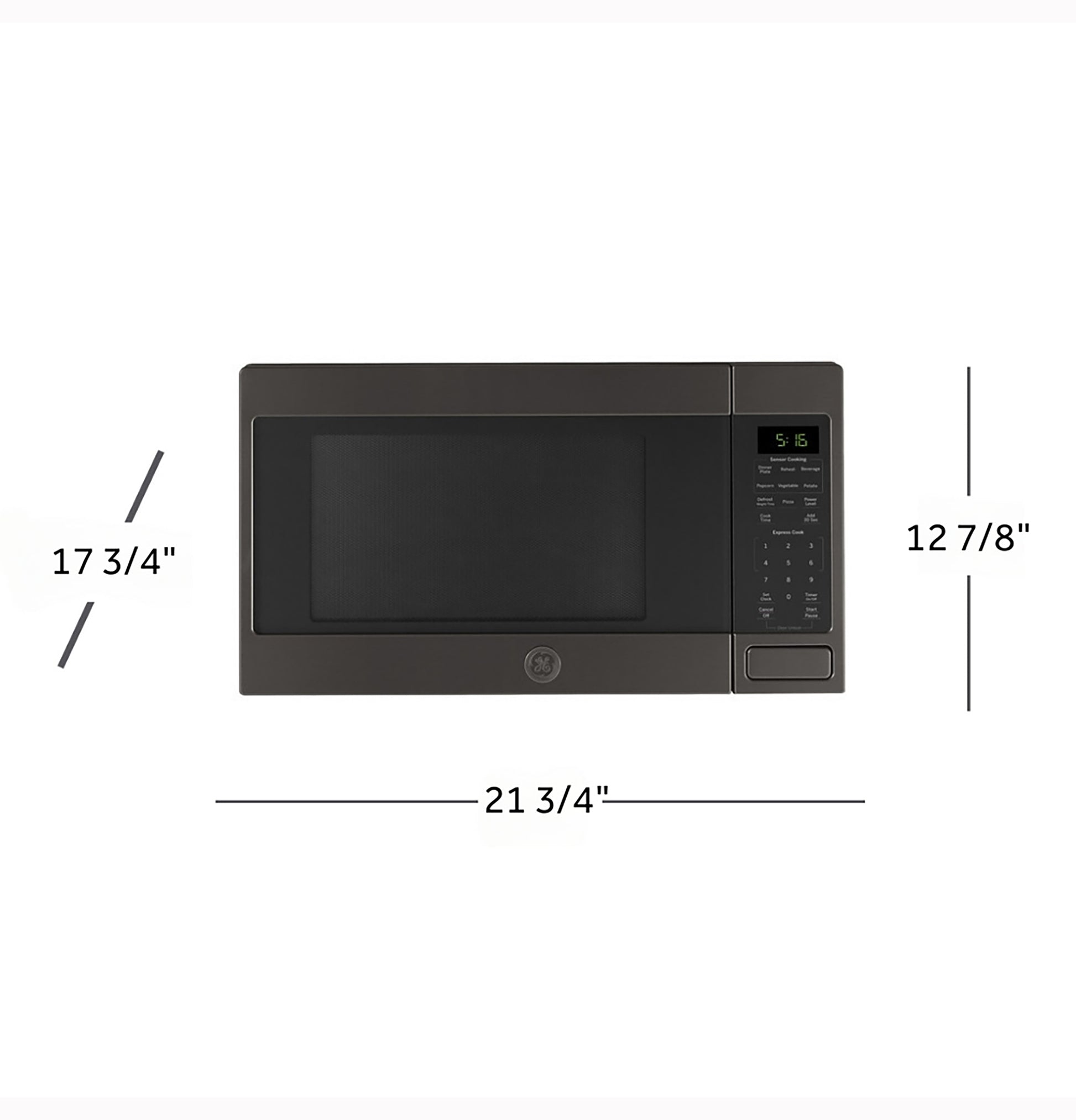 Dark stainless steel countertop microwave oven with digital display and control panel, shown with dimensions for kitchen appliances.