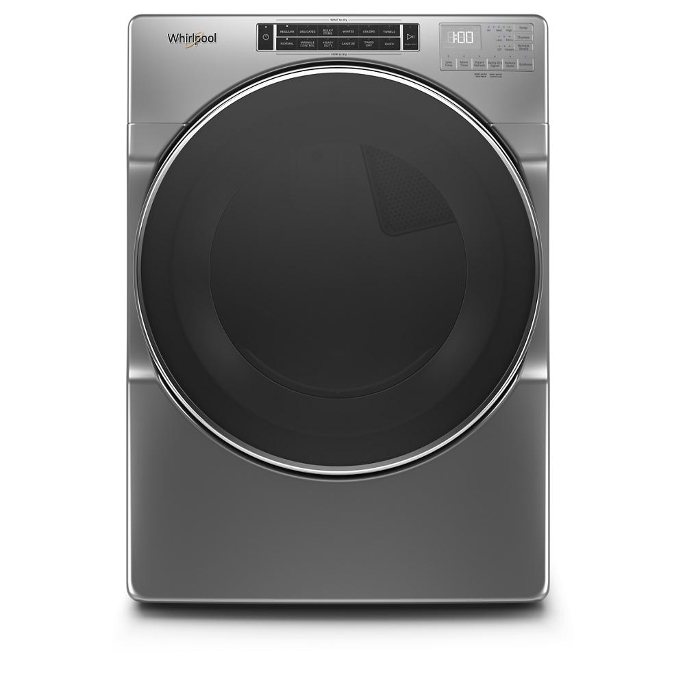 Stainless steel front load gas dryer with large tinted door and digital control panel from gas dryers collection
