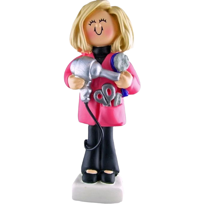 Blonde female hairdresser figurine holding hairdryer and scissors ornament for Christmas tree under $50 decoration