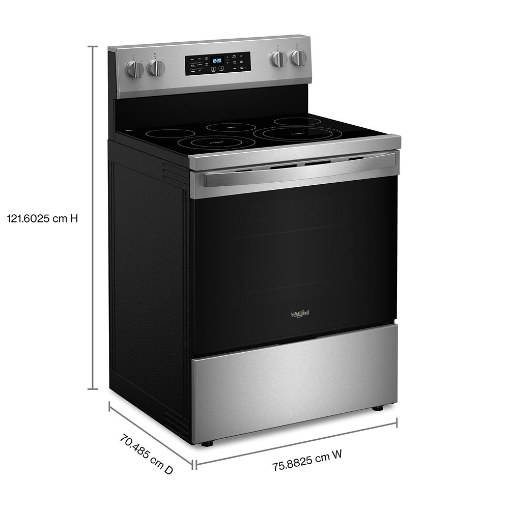 30-inch stainless steel electric range with digital controls, four burners, and large black oven door in modern kitchen setting