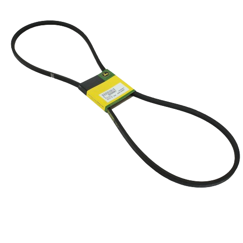Black reinforced traction drive belt with green and yellow label for outdoor equipment maintenance and repair tasks