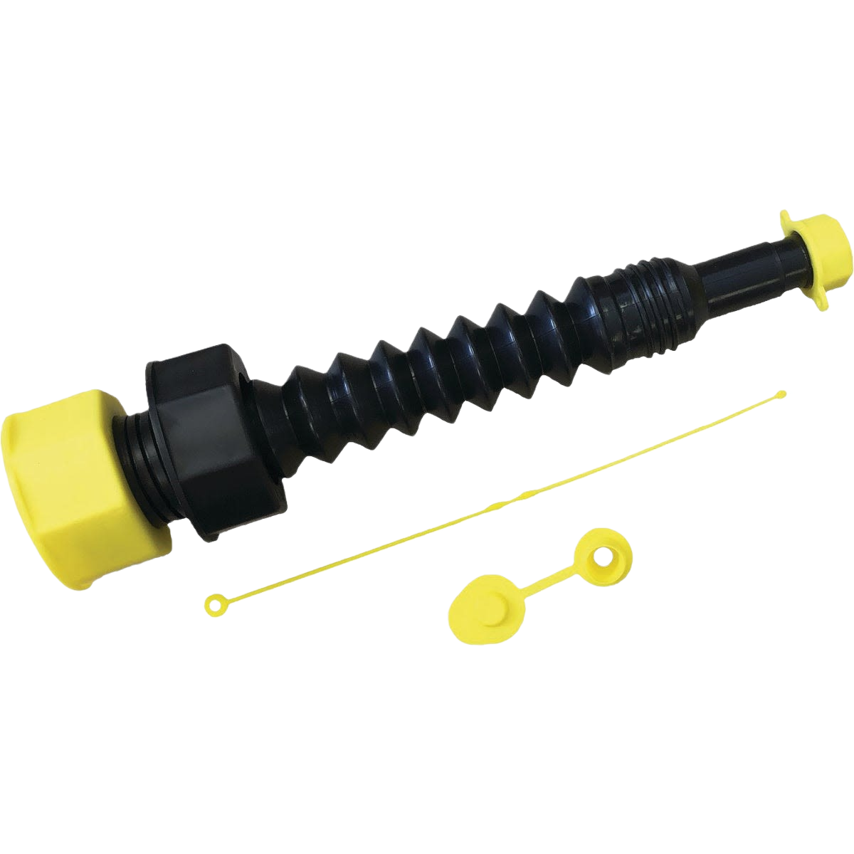 Black flexible water can spout with yellow caps and attachments for controlled pouring in automotive supplies.