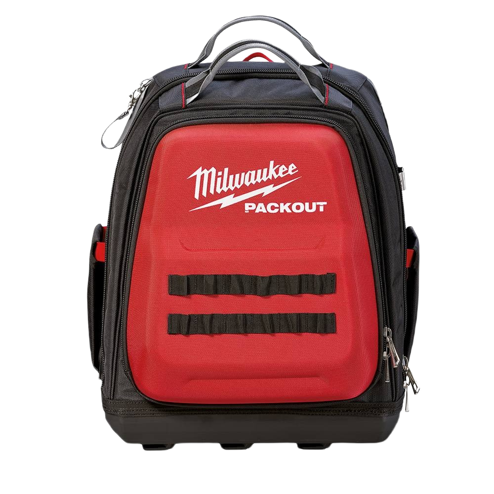 Red and black Milwaukee PACKOUT™ Backpack made from durable ballistic nylon for tool storage and organization