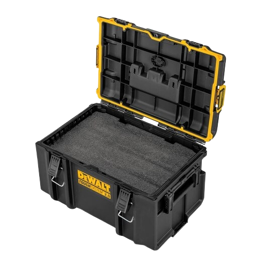 Black heavy-duty plastic storage box with yellow accents and removable deep foam insert for tool protection and organization