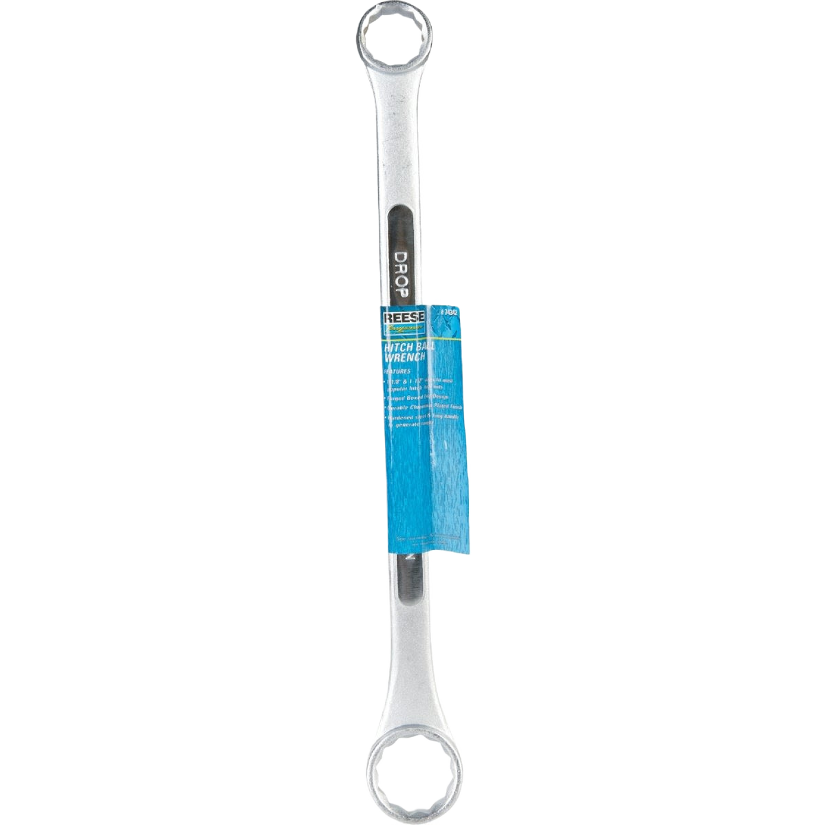 Dual-ended steel wrench for hitch ball nuts with 1-1/8" and 1-1/2" sizes, ideal for towing equipment and automotive tools
