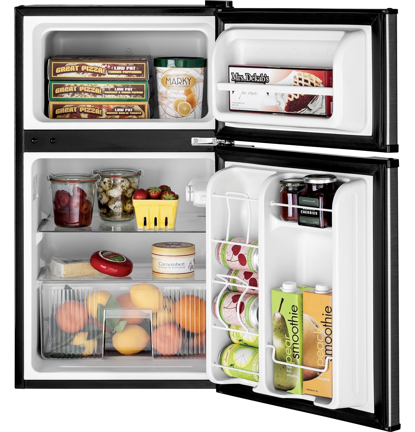 Open compact double-door mini refrigerator with organized fresh produce, beverages, and frozen items in kitchen appliance collection
