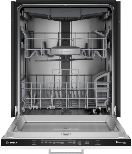 Open interior view of Bosch 800 Series 24-inch dishwasher with stainless steel racks from Appliances and Kitchen & Kitchenware collections