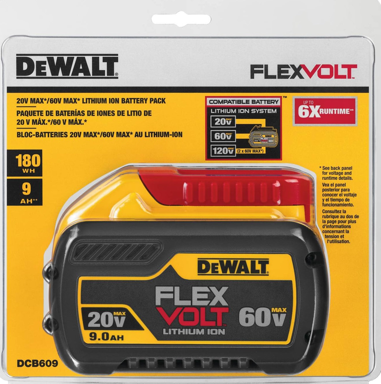 DEWALT FLEXVOLT 9.0 Ah lithium ion battery pack for power tools in black and yellow packaging