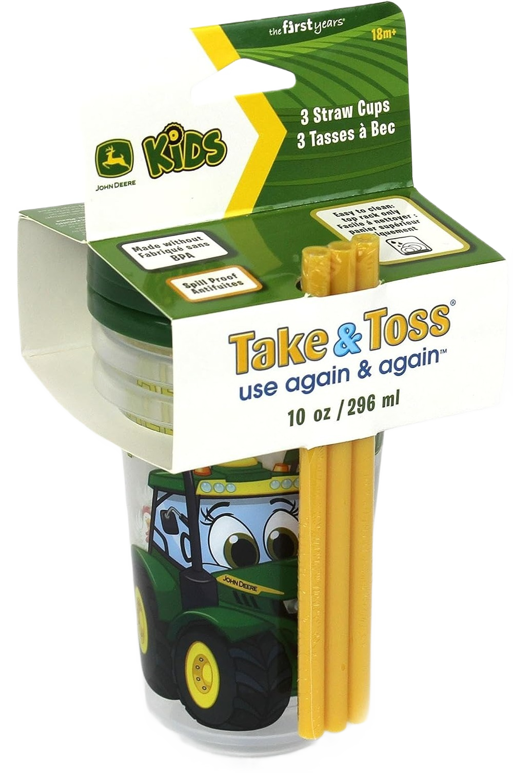 TOMY Take & Toss John Deere Straw Cups, 10 oz, 3-Pack
