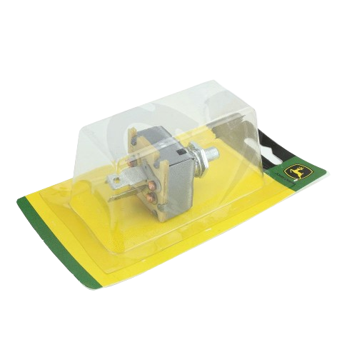 Rotary switch with metal and plastic components in sealed yellow and green retail packaging for tools and home improvement projects