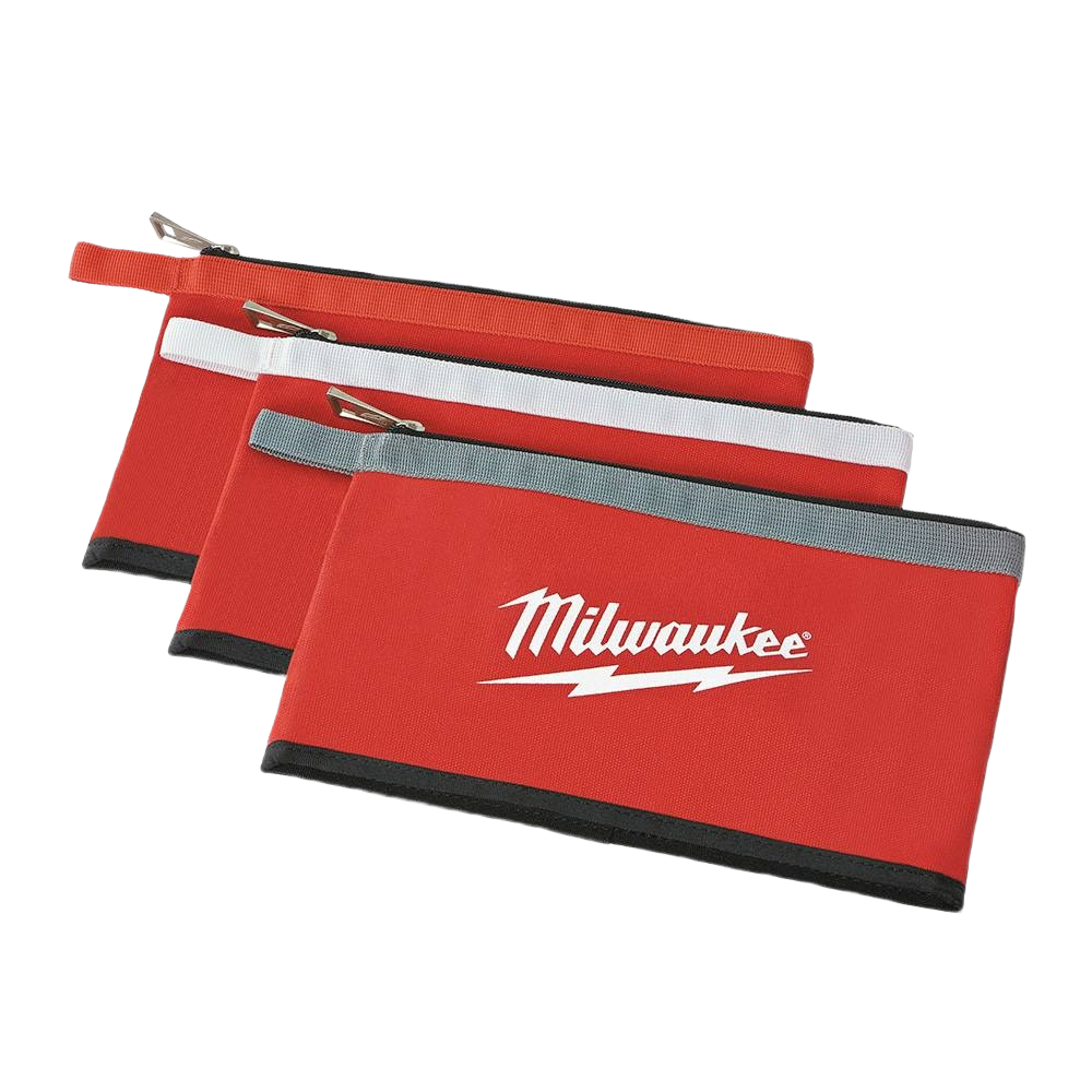 Set of three durable red zipper pouches with weather-resistant bottom for tool storage and small parts organization