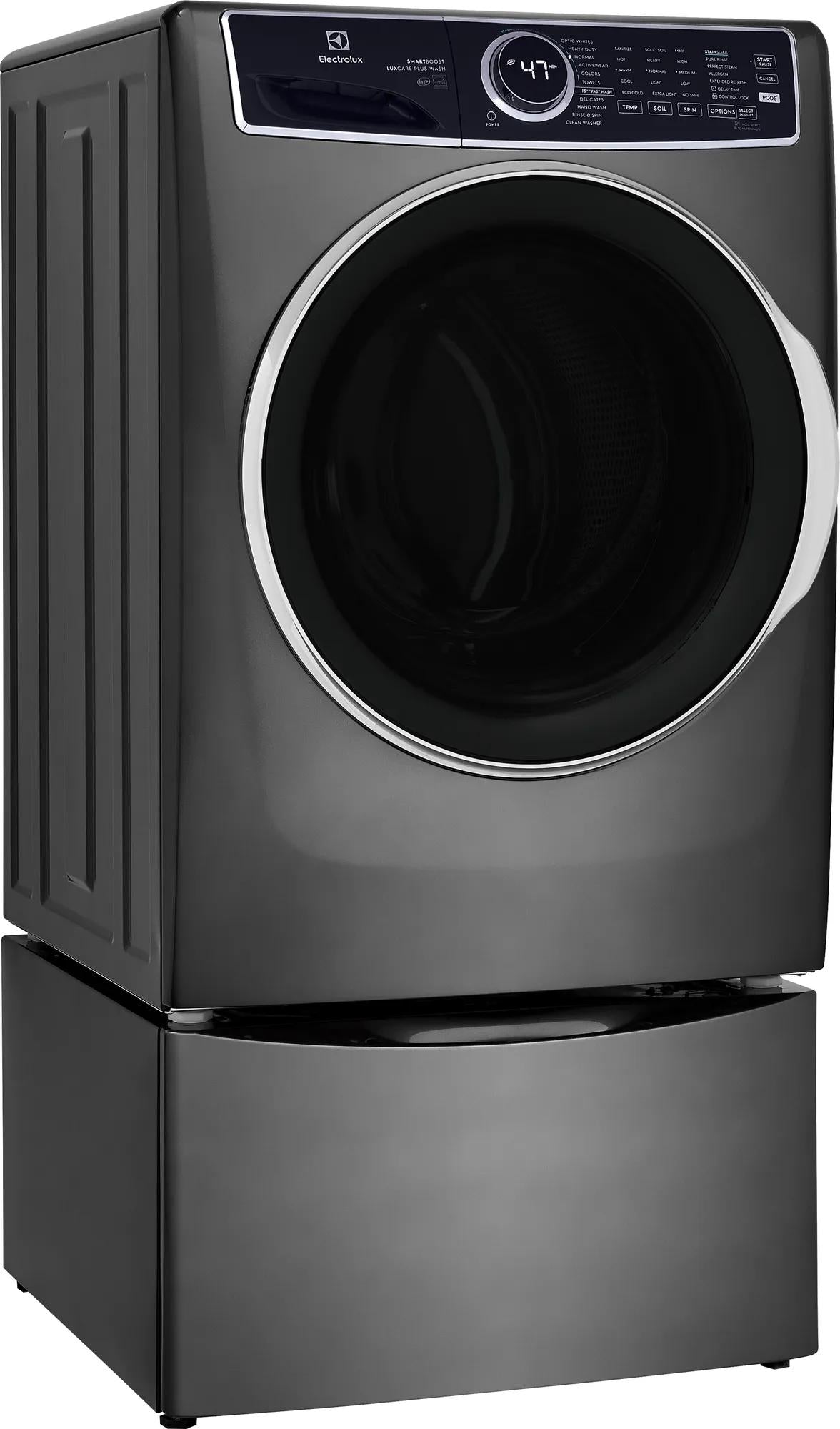 Dark gray Electrolux front load washer with pedestal base and digital control panel from front load washers collection