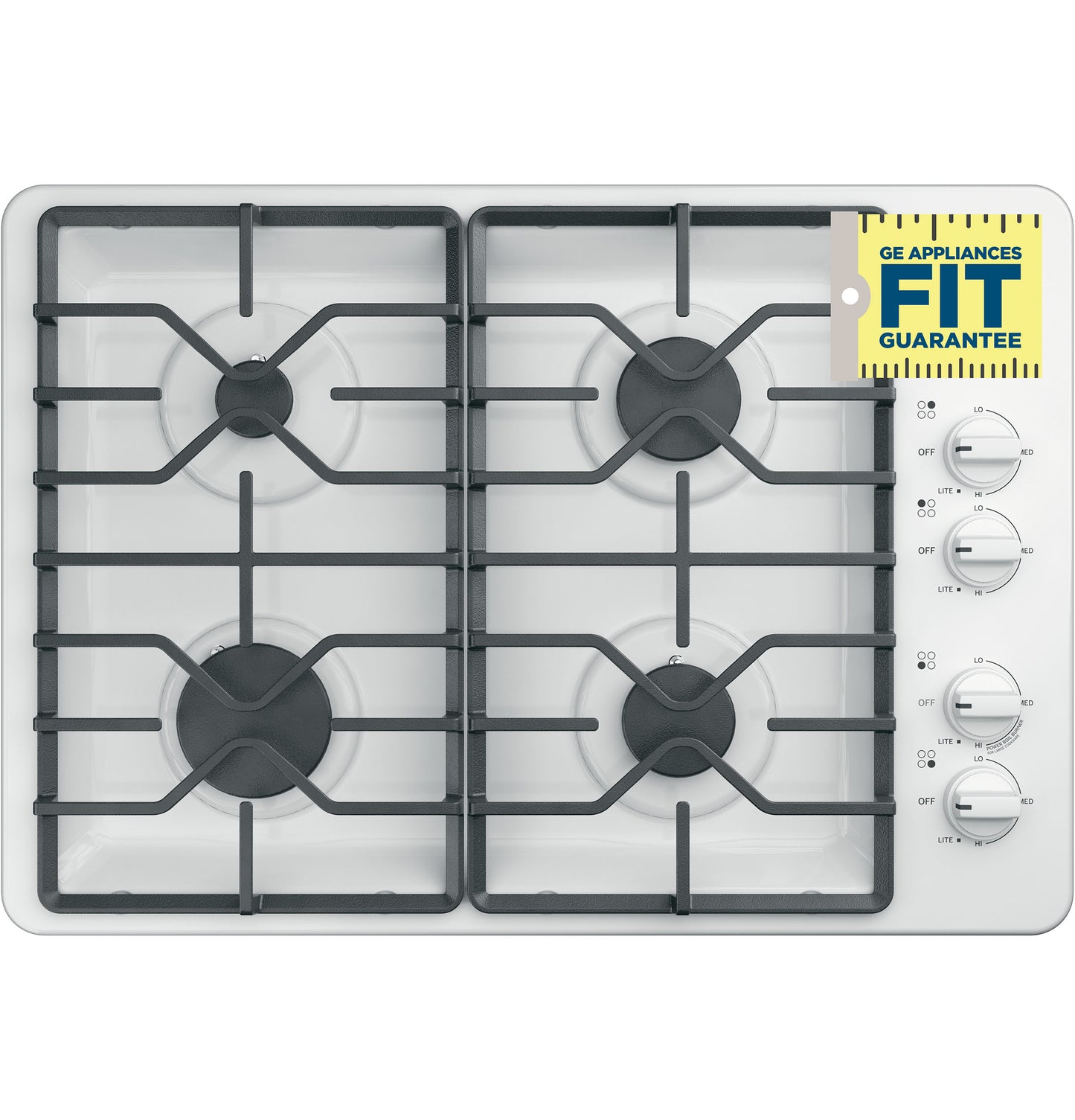 White built-in gas cooktop with four burners and dishwasher-safe grates in kitchen appliance setting
