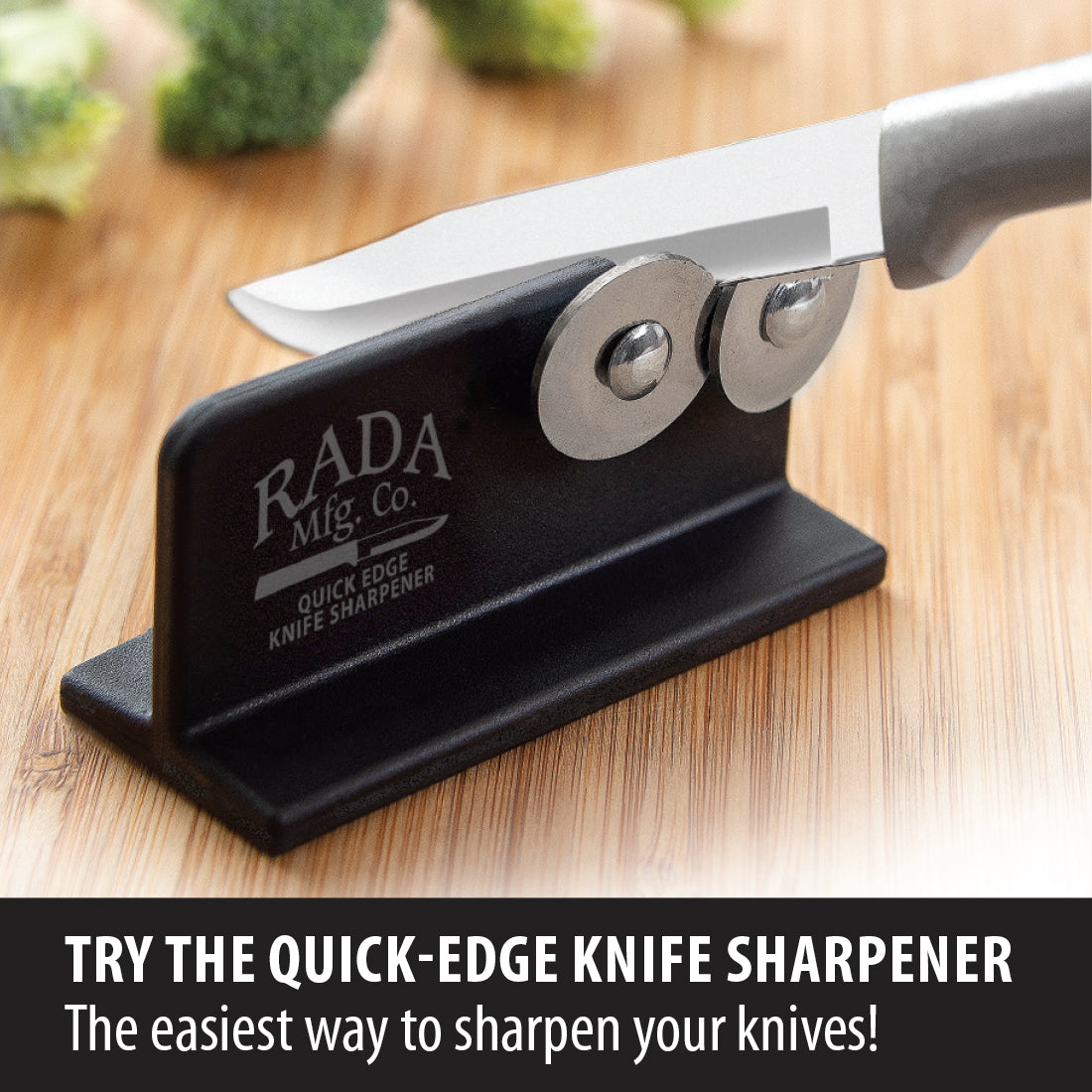 Black Rada Knife Sharpener with dual metal sharpening discs on a wooden surface in kitchen gadgets collection under $50