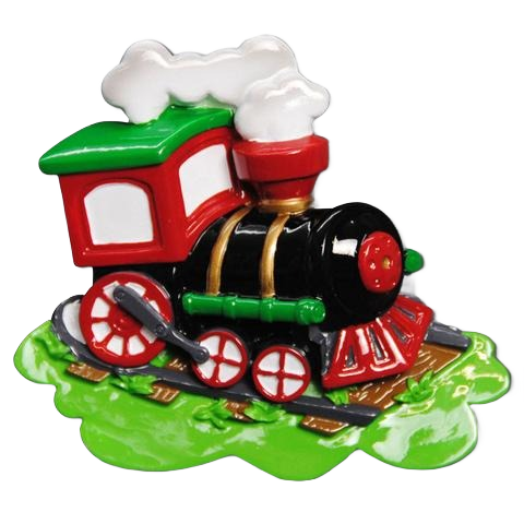 Festive red, green, and black train ornament with personalized details for Christmas Ornaments & Tree Decorations under $50 collection