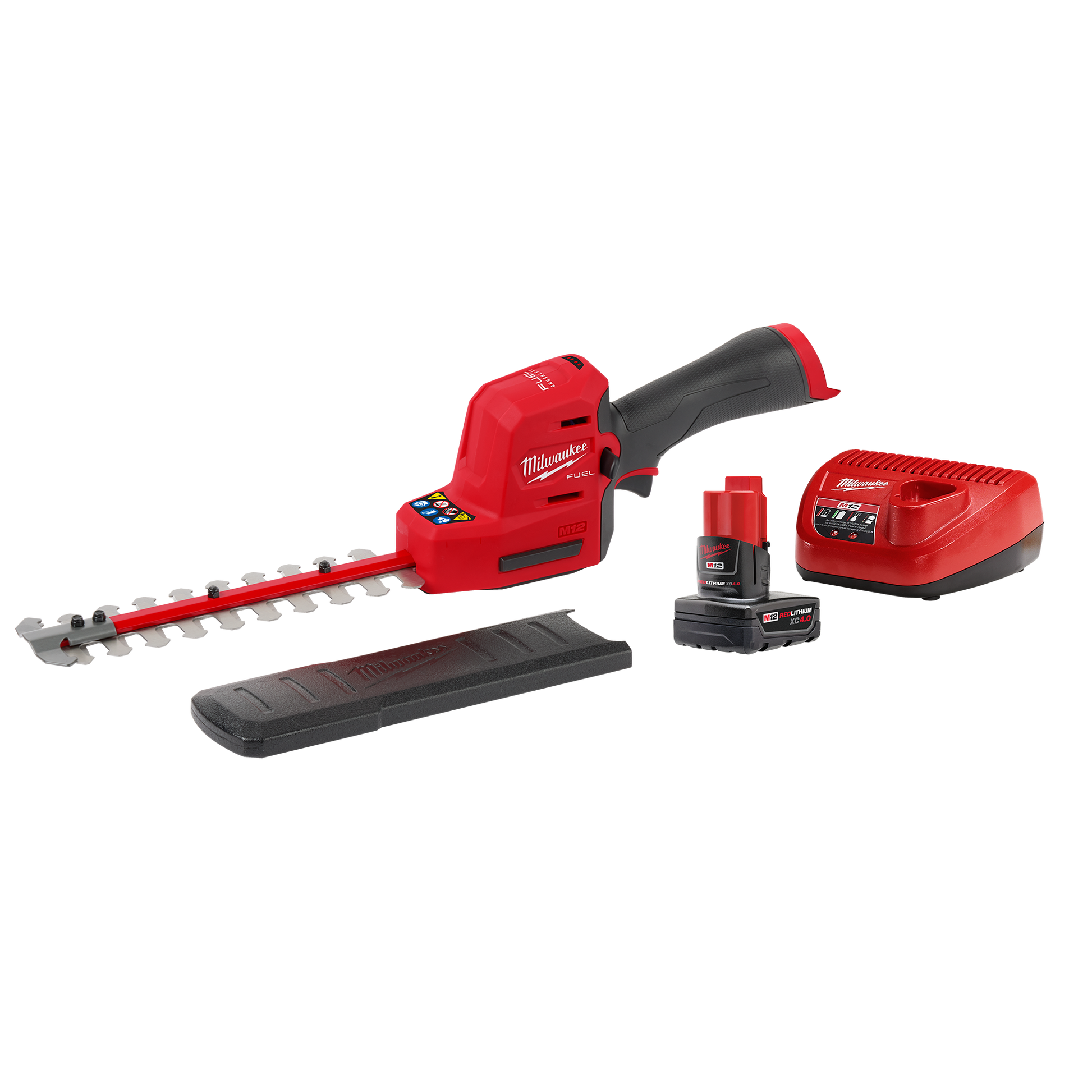Red and black compact cordless hedge trimmer with battery, charger, and blade guard for home improvement tasks